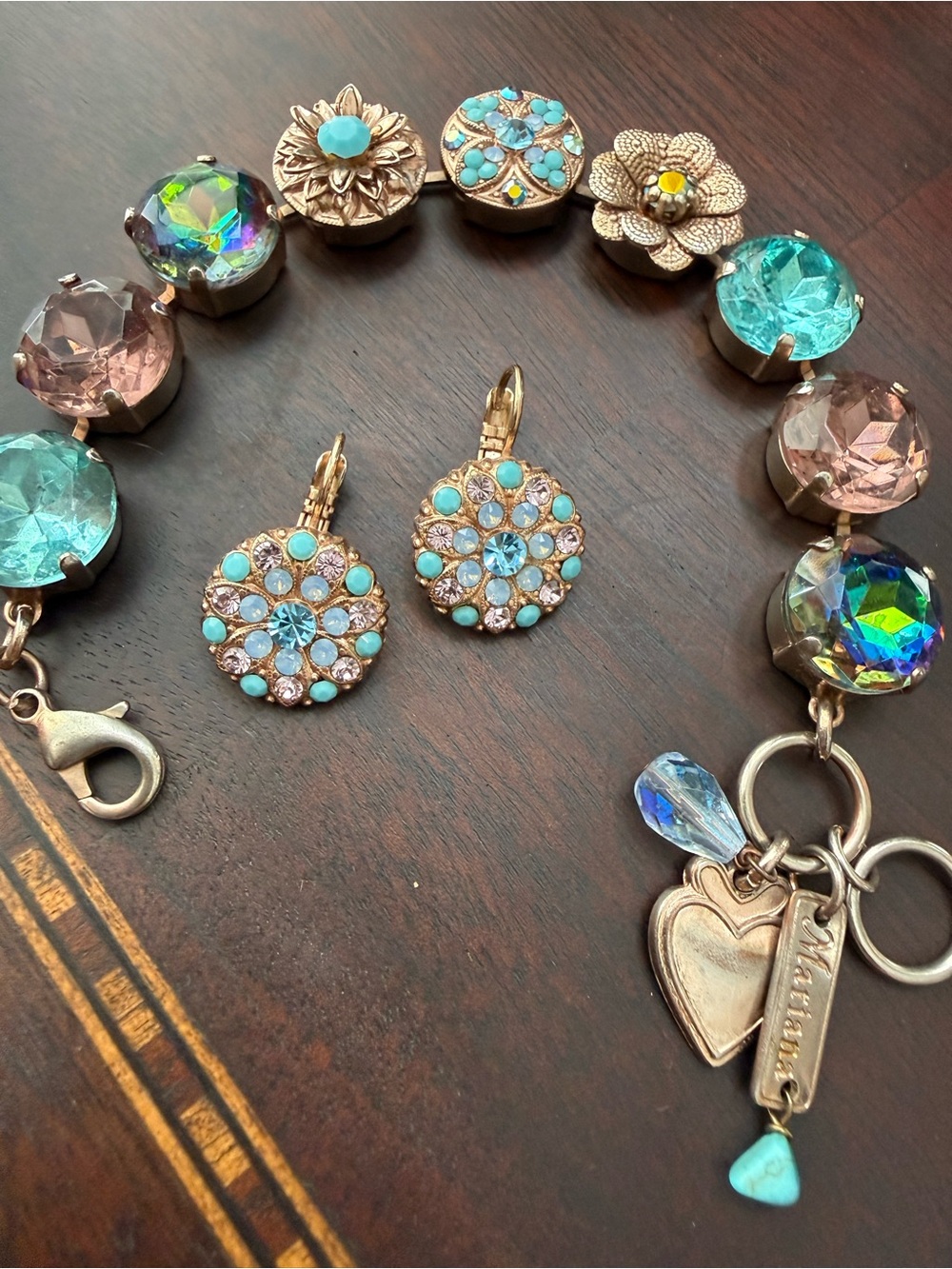 Set: Mariana Jewelry Blue&Pink Rose Gold Earrings and Large Crystal Bracelet